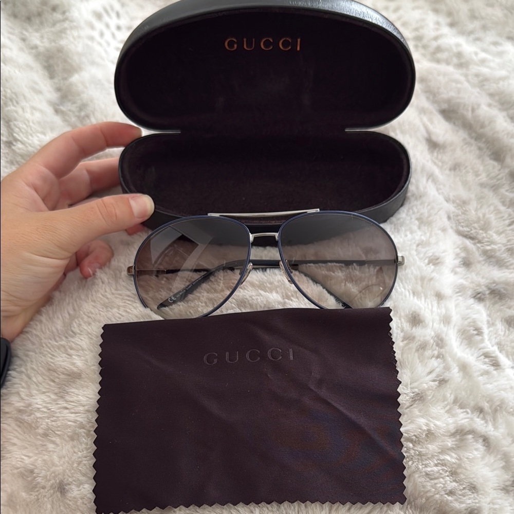 Gucci Silver & Blue Aviator Sunglasses